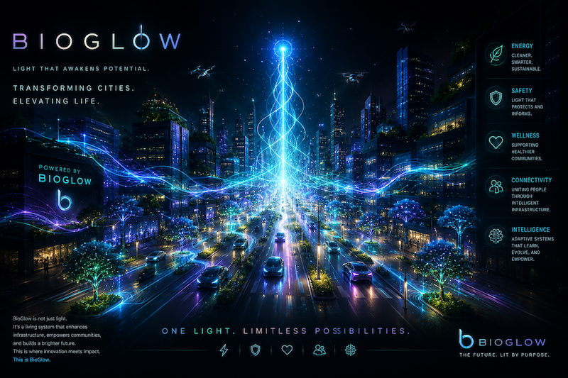 Futuristic BioGlow roadway illumination concept at night