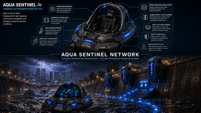 AI rescue pod system concept for flood conditions in the LA River