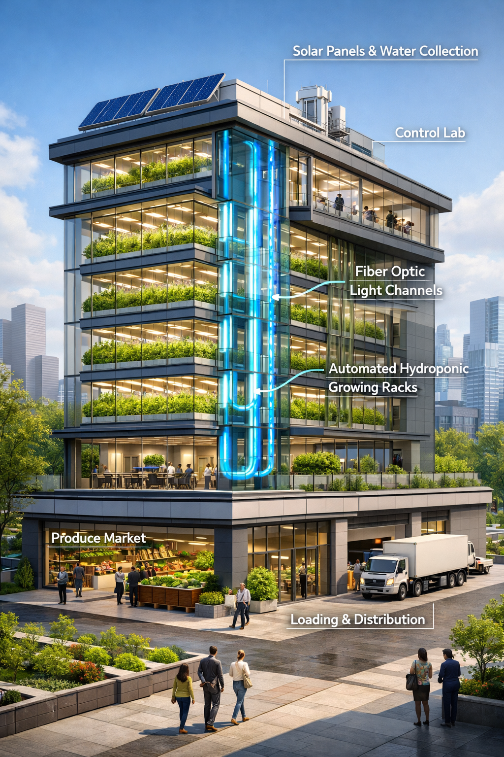 Photonic greenhouse tower concept with fiber optic daylight distribution